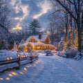 Snowy Cabin with Holiday Decorations and Warm Lights Royalty Free Stock Photo