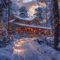 Snowy Cabin with Holiday Decorations and Warm Lights Royalty Free Stock Photo