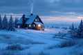 Snowy cabin by lake at blue twilight evening. Royalty Free Stock Photo