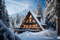 Snowy cabin with lit interiors nestled between snow-covered trees with mountain backdrop.