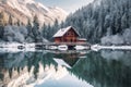 Snowy Cabin Retreat: Frozen Lake and Mountain View. Ai Royalty Free Stock Photo