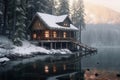 Snowy Cabin Retreat: Frozen Lake and Mountain View. Ai Royalty Free Stock Photo