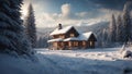 Snowy cabin. Sunset and Snowfall in the Silent Woods. AI Generated