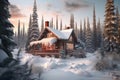 snowy cabin surrounded by frosty pine trees