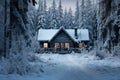 Snowy cabin surrounded by nature serenity, hygge concept, AI Generated