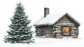 Snowy cabin surrounded by tall pines, serene and rustic Royalty Free Stock Photo