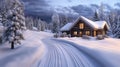 A snowy cabin in the woods with a snow covered road, AI Royalty Free Stock Photo