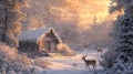 A Snowy Cabin in the Woods with Two Deer at Sunset Royalty Free Stock Photo
