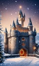 A Snowy Castle With Festive Banners And Twinkling Lights. Generative AI