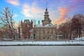 Snowy castle Nijenrode in winter in the countryside from the Netherlands at sunset