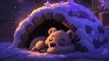In a snowy cave, a polar bear rests while sleeping, under the light of a starry sky Royalty Free Stock Photo