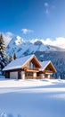 Snowy Chalets with Mountain View Winter Landscape Under a Clear Blue Sky Royalty Free Stock Photo