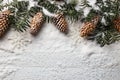 Snowy christmas background with fir branch and pine cones. Royalty Free Stock Photo