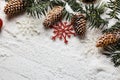 Snowy christmas background with fir branch and pine cones. Royalty Free Stock Photo