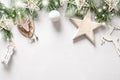 Snowy Christmas border with white sleigh, star, ball, snowflakes, evergreen branches on white Royalty Free Stock Photo