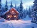Snowy Christmas log cabin in winter forest at twilight Royalty Free Stock Photo