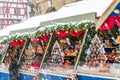 Snowy Christmas Market stalls at Town Hall in medieval town of Rothenburg ob der Tauber, Germany