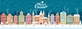 Snowy Christmas night in cozy town city panorama with castle. Winter village landscape, flat style, Merry Christmas Royalty Free Stock Photo