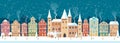 Snowy Christmas night in cozy town city panorama with castle. Winter village landscape, flat style, vector illustration Royalty Free Stock Photo