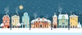 Snowy Christmas night in cozy town city panorama. Winter village holiday landscape, vector illustration Royalty Free Stock Photo