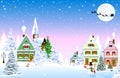 Snowy Christmas night houses scene