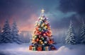 Snowy Christmas pine tree decorated with colorful ornaments and lot of gift boxes. Holiday concept Royalty Free Stock Photo