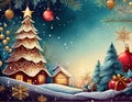 Snowy Christmas Scene with trees, ornaments, and houses with a warm glow in the windows