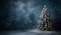 Snowy christmas tree with sparkling lights on dark blue background festive holiday concept Royalty Free Stock Photo