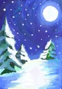 Snowy Christmas trees on a winter evening. Children`s drawing Royalty Free Stock Photo
