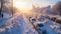 Snowy City Roads and Pedestrian Troubles.Dusk traffic jam on an Urban Street