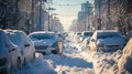 Snowy City Roads.Traffic jam on an Urban Street. Snow-Clad Vehicles and Icy Paths