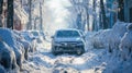 Snowy City Roads.Traffic jam on an Urban Street. Snow-Clad Vehicles and Icy Paths