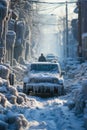 Snowy City Roads.Traffic problems on an Urban Street. Snow-Clad Vehicles and Icy Paths