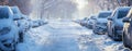 Snowy City Roads.Traffic problems on an Urban Street. Snow-Clad Vehicles and Icy Paths