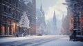 Snowy City Street With Clock Tower in the Distance. Generative AI. Royalty Free Stock Photo