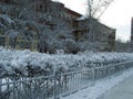 Snowy city street. Snowdrifts in the city. Winter cityscape Royalty Free Stock Photo