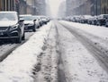 Snowy city streets create dangerous driving conditions generated by AI Royalty Free Stock Photo