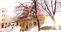 Snowy city  Tallinn winter in old town city light blurring old house medieval red roof tower travel to europe Royalty Free Stock Photo