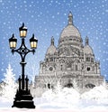 Snowy city wallpaper. Winter Christmas holiday snow background.