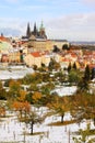 Snowy colorful autumn Prague gothic Castle, Czech Royalty Free Stock Photo