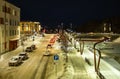 Snowy Commute: Traffic Trails Through Jelgava\'s Cold Winter Evening Royalty Free Stock Photo