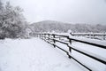 Snowy corral fence wintertime as a background panoramic photo Royalty Free Stock Photo