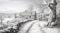 Snowy Country Road And Cottage: Realistic Fantasy Artwork In Pencil