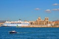 Snowy cruise liner in the old Vieux port and Cathedral of Sainte-Marie-Majeure at back Royalty Free Stock Photo