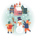 Snowy day in cozy christmas town. Winter christmas village day landscape. Children play outside in winter. Vector illustration,