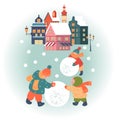 Snowy day in cozy christmas town. Winter christmas village day landscape. Children play outside in winter. Vector illustration,