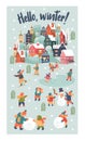 Snowy day in cozy christmas town. Winter christmas village day landscape. Children play outside in winter. Vector illustration, Royalty Free Stock Photo