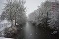 Snowy day in Leamington Spa UK, view over the Leam River, Pump Room Gardens - 10 december 2017 Royalty Free Stock Photo