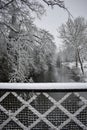 Snowy day in Leamington Spa UK, view over the Leam River, Pump Room Gardens - 10 december 2017 Royalty Free Stock Photo