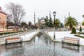Snowy day in Sultanahmet Square and Blue Mosque. Istanbul, Turkey Royalty Free Stock Photo